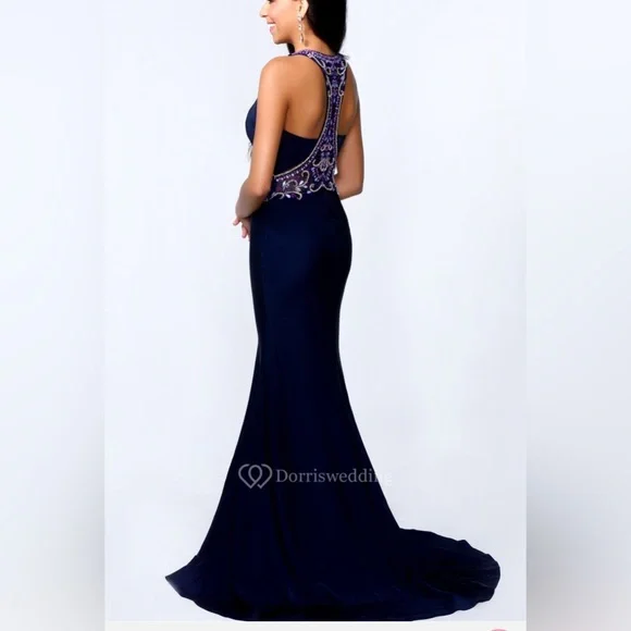 Abby Paris Formal Dress Size 8 Navy Blue Beaded Waist Train Gown AUTHENTIC NWT - Picture 3 of 15